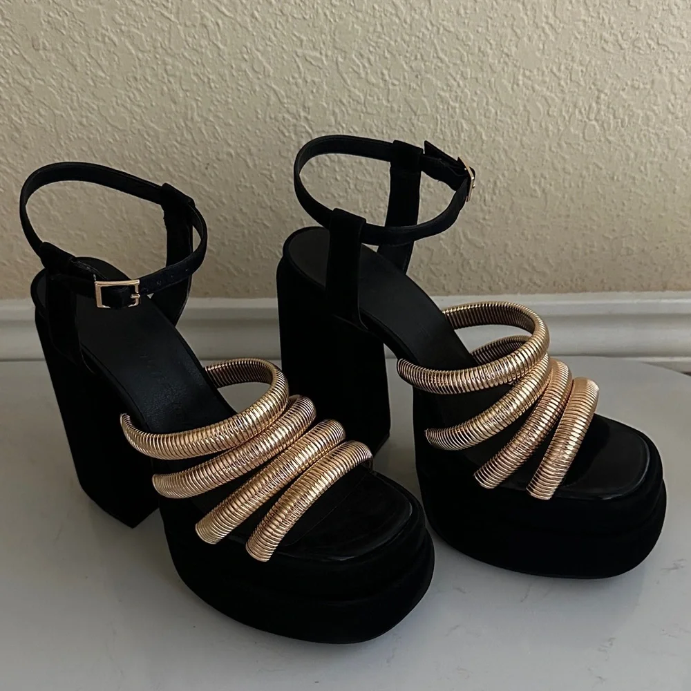 Dolls Kill Black and Gold Platform Heels - Picture 1 of 8